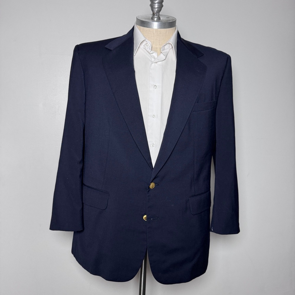 Corbin Ltd Blazer Mens 46R Navy Blue Solid Wool Two Button Gold Tone Made in USA
